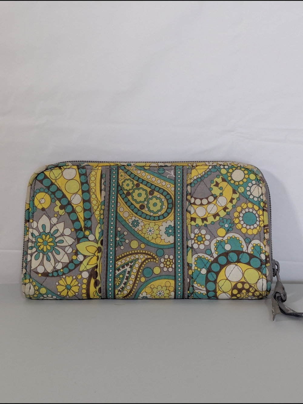 Vera Bradley Zip Around Wallet Paisley Floral Quilted Cotton Gray Yellow Blue - Picture 1 of 13